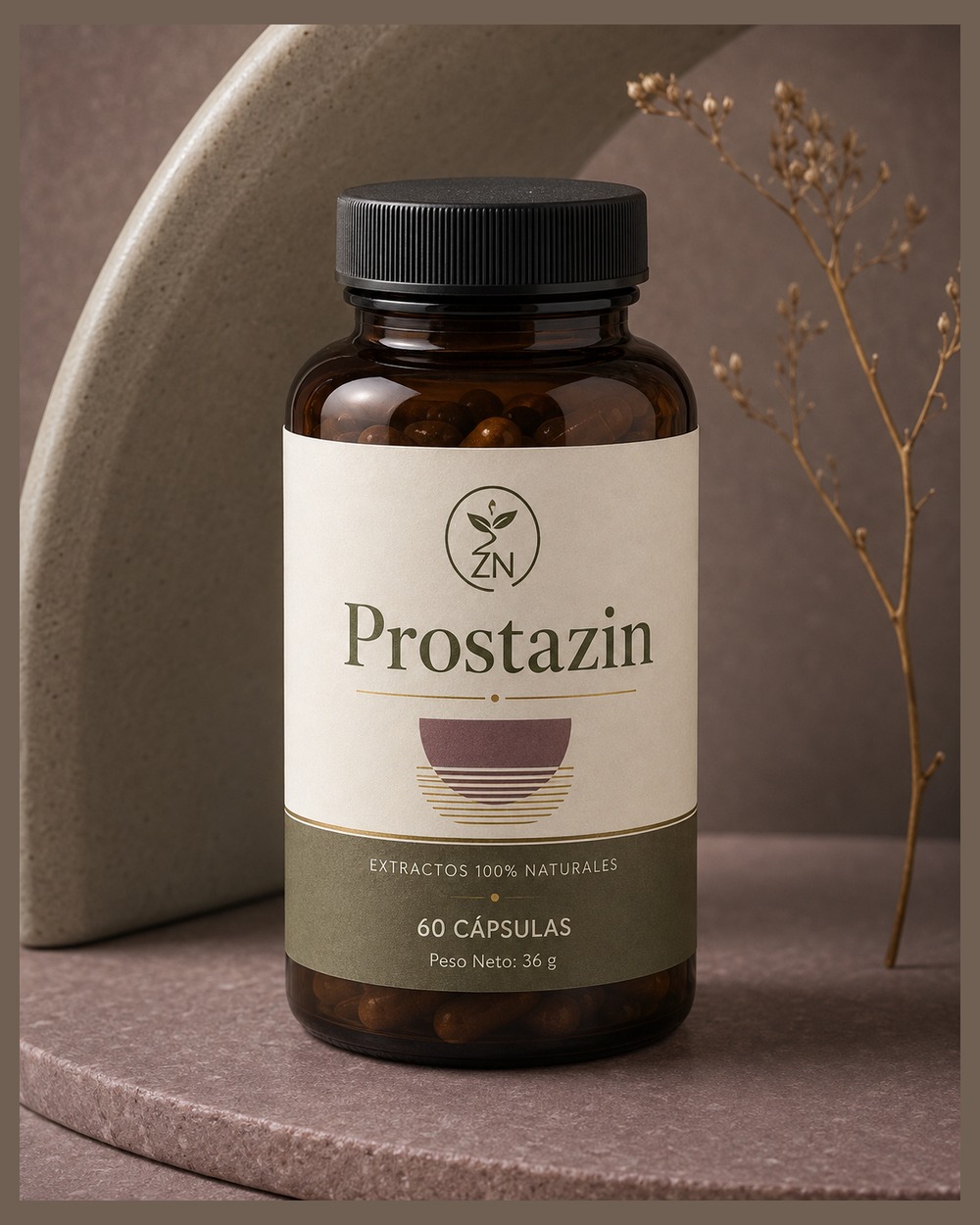 Prostazin en una composición de estudio con tonos crema y verdes